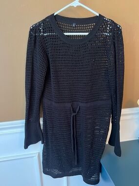 Women’s Black Open-Knit Swim Coverup Waist Tie Crochet Size L Flares Sleeve